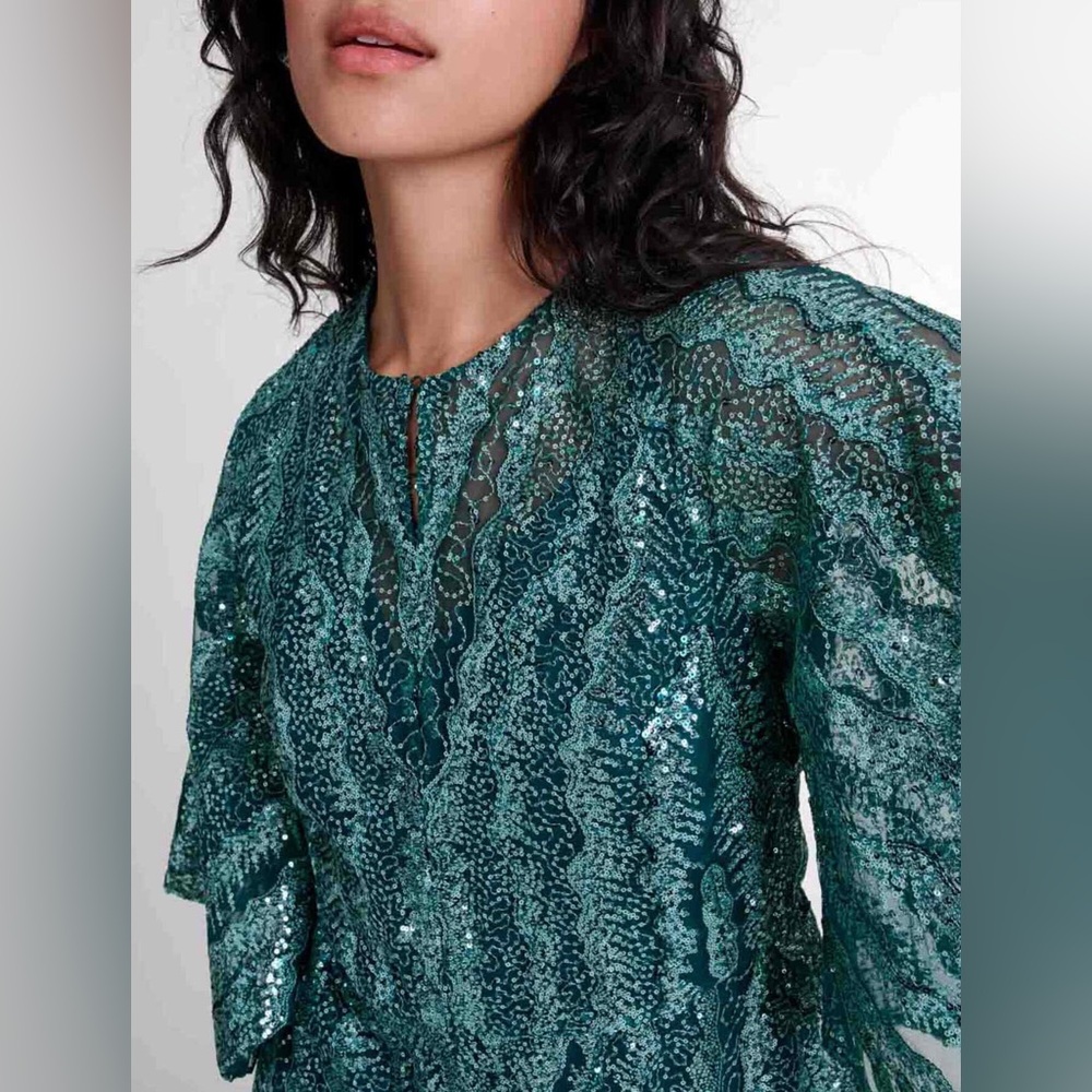 NWT Maje Green Sequin Maxi Dress US XS / FR 34 Formal Gown Wedding Guest Holiday - Picture 15 of 16